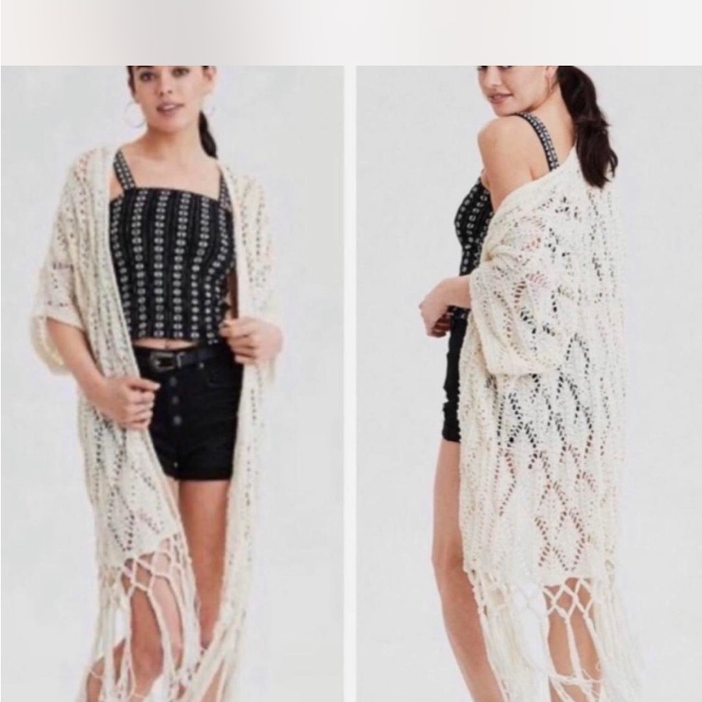 American Eagle Outfitters Boho Ivory Crochet Kimono Cardigan with Fringe